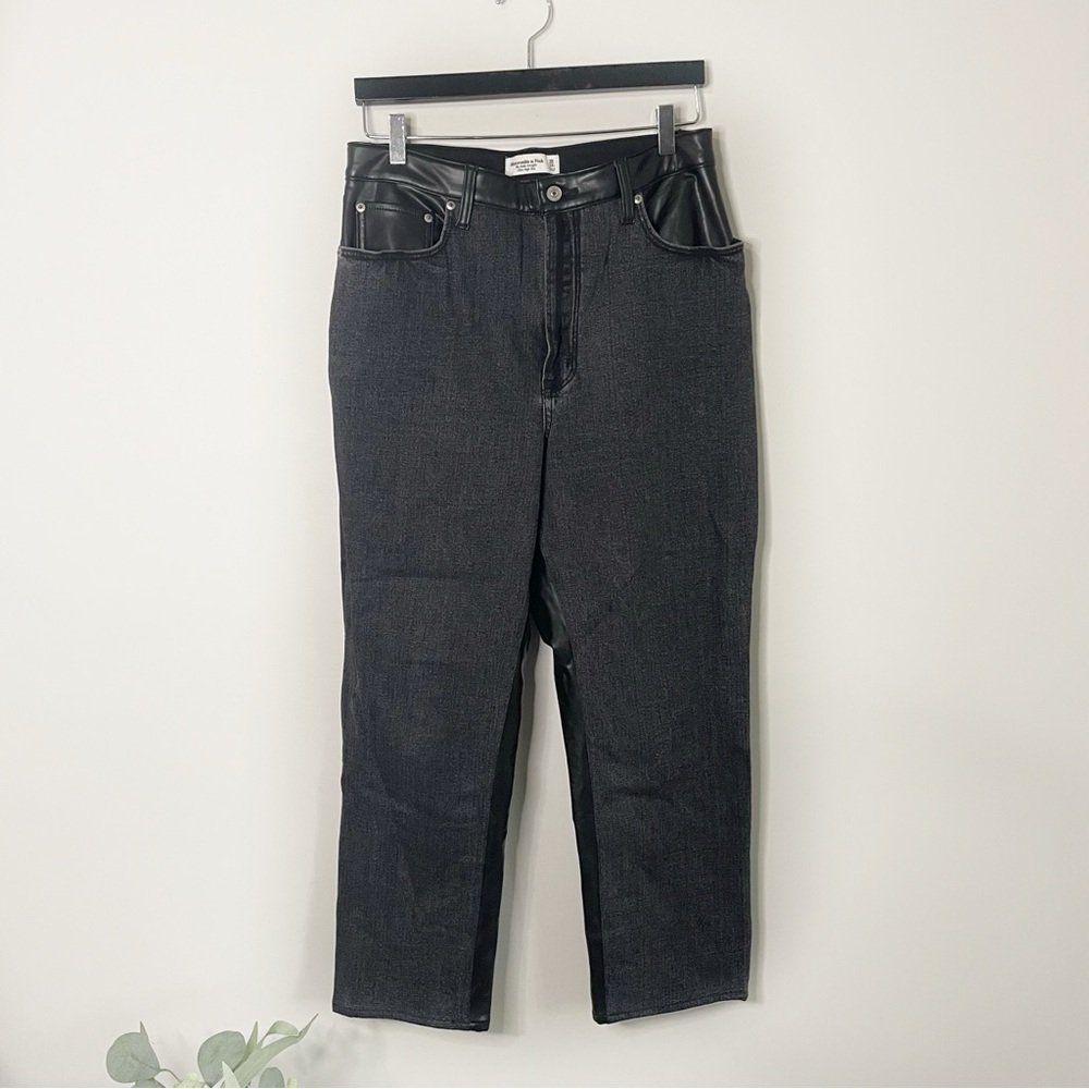 [Abercrombie & Fitch] Black Denim & Vegan Leather Ankle Straight High Rise Jeans